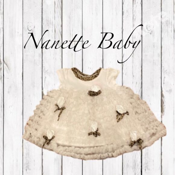 Nanette Baby Fancy Dress Off White Layered Ruffle Rose Bud Leopard Accent O-3 M - Picture 2 of 14
